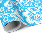 Whitepaper en Blauw Floral Dammaskers Patroonverre Cadeaupapier (Rol Hoek)