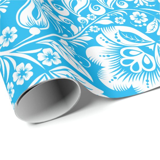 Whitepaper en Blauw Floral Dammaskers Patroonverre Cadeaupapier (Rol Hoek)