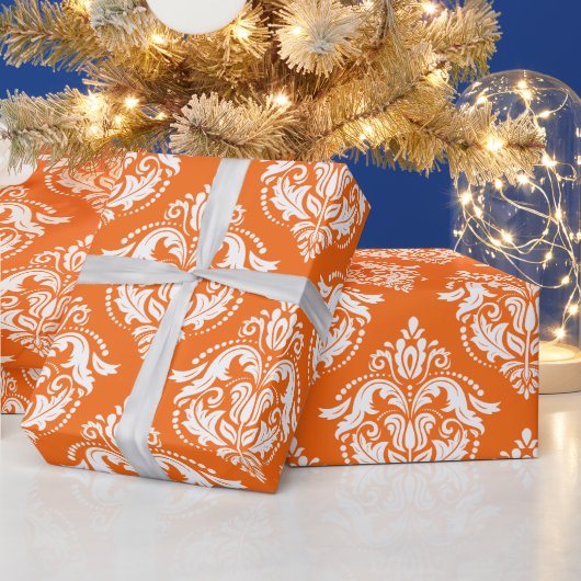 Whitepaper en Oranje Floral Damaskits Cadeaupapier (Feestdagen)