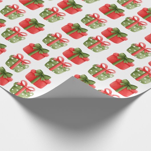 Whitepaper met rode en groene kerstcadeaus cadeaupapier (Hoek)