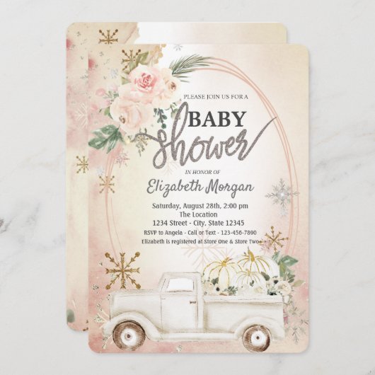 WhitePumpkin Truck, Rozen, Snowflakes Baby shower Kaart (Voorkant / Achterkant)