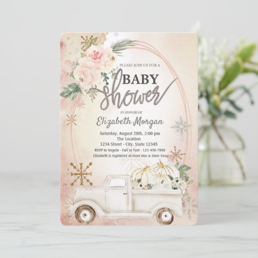 WhitePumpkin Truck, Rozen, Snowflakes Baby shower Kaart (Staand voorkant)