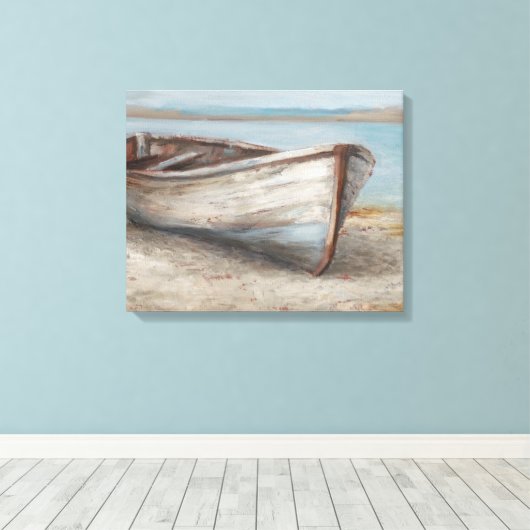 Whitespoed Boat op de kust Canvas Afdruk (Insitu (Houten vloer))