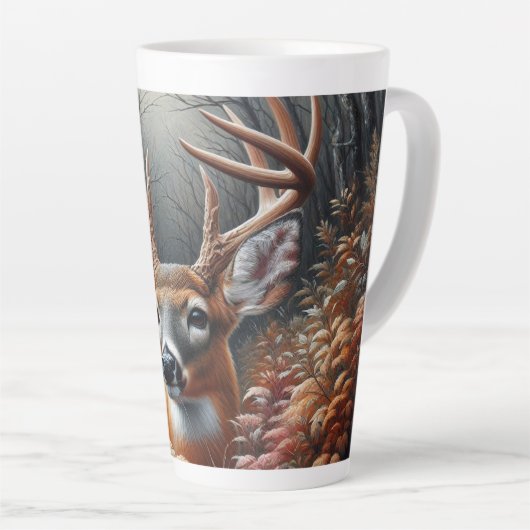 Whitetail Buck Deer gluren door bosgebladerte Latte Mok (Rechterhoek)