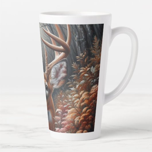 Whitetail Buck Deer gluren door bosgebladerte Latte Mok (Rechts)