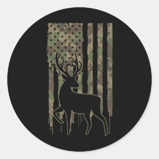 Whitetail Buck Deer Hunting American Flag Camoufla Ronde Sticker