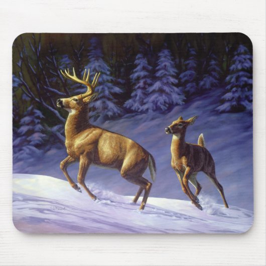 Whitetail Deer Buck & Doe in wintersneeuw Muismat (Voorkant)
