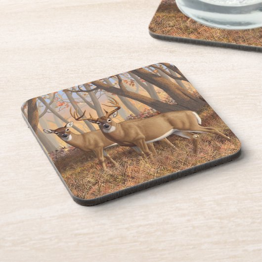 Whitetail Deer Buck & Doe Naherfst Maple Bossen Bier Onderzetter (Linkerzijde)
