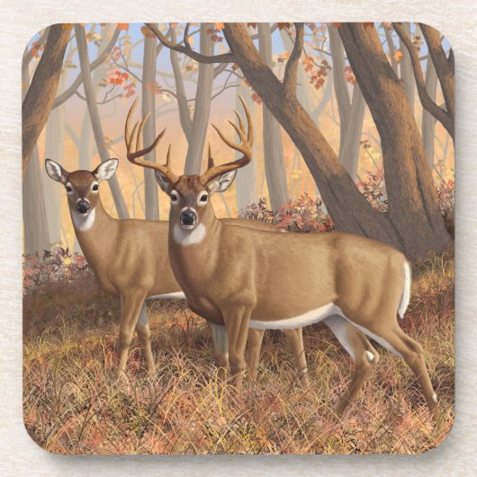 Whitetail Deer Buck & Doe Naherfst Maple Bossen Bier Onderzetter (Voorkant)