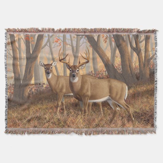 Whitetail Deer Buck & Doe Naherfst Maple Bossen Deken (Voorkant)