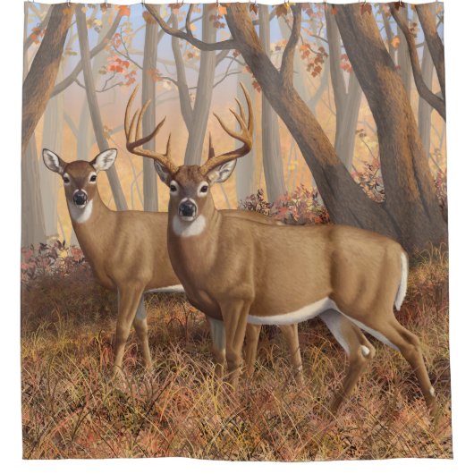Whitetail Deer Buck & Doe Naherfst Maple Bossen Douchegordijn (Voorkant)