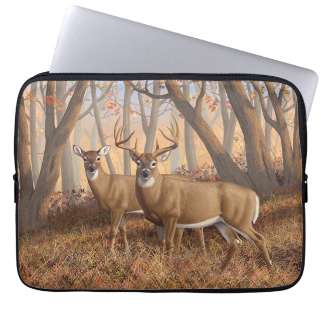 Whitetail Deer Buck & Doe Naherfst Maple Bossen Laptop Sleeve (Voorkant)