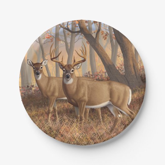 Whitetail Deer Buck & Doe Naherfst Maple Bossen Papieren Bordje (Voorkant)