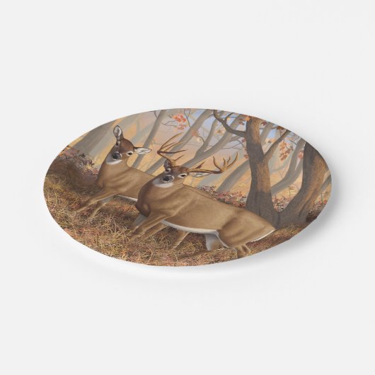 Whitetail Deer Buck & Doe Naherfst Maple Bossen Papieren Bordje (Gekanteld)