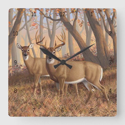 Whitetail Deer Buck & Doe Naherfst Maple Bossen Vierkante Klok (Voorkant)