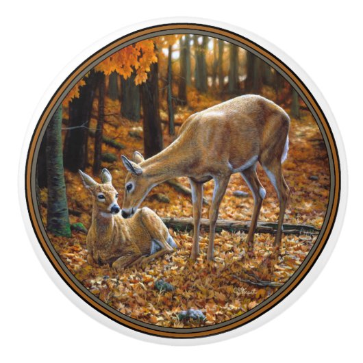 Whitetail Deer Doe en Fawn Autumn Keramische Knop (Voorkant)