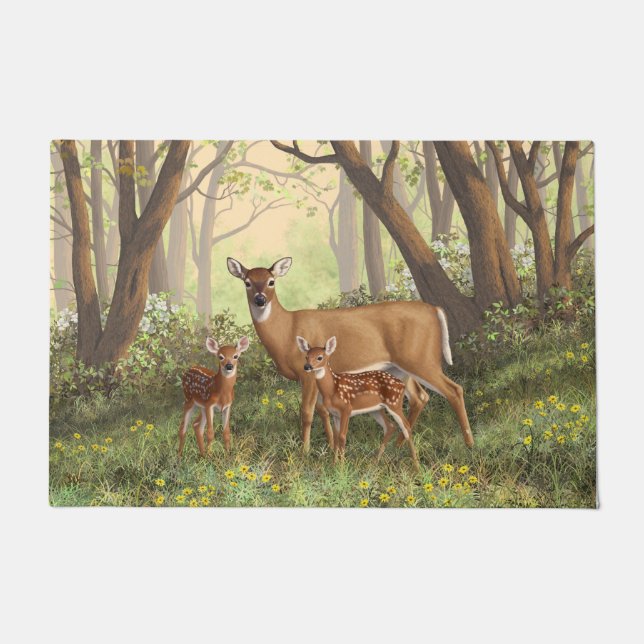 Whitetail Deer en Cute Twin Fawns in Spring Deurmat (Voorkant)