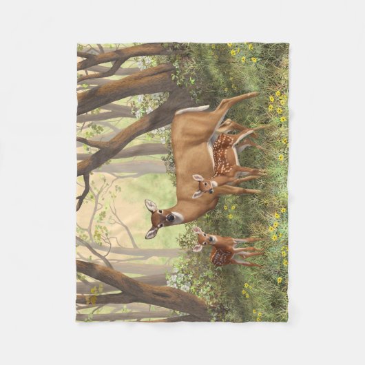 Whitetail Deer en Cute Twin Fawns in Spring Fleece Deken (Voorkant)