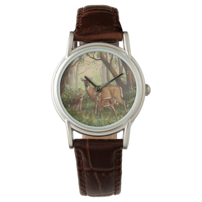 Whitetail Deer en Cute Twin Fawns in Spring Horloge