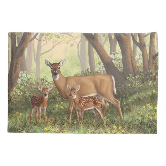 Whitetail Deer en Cute Twin Fawns in Spring Kussensloop (Achterkant-Links)