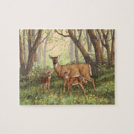 Whitetail Deer en Cute Twin Fawns in Spring Legpuzzel (Horizontaal)