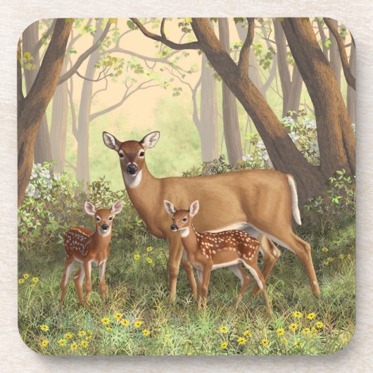 Whitetail Deer en Cute Twin Fawns in Spring Onderzetter (Voorkant)