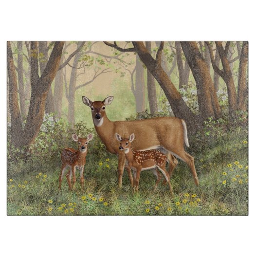 Whitetail Deer en Cute Twin Fawns in Spring Snijplank (Voorkant)
