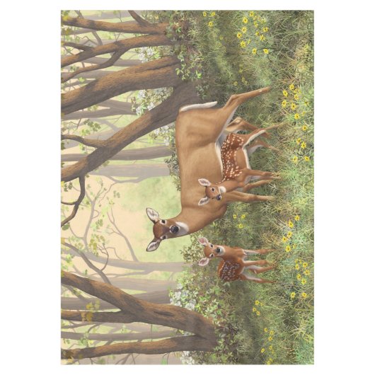 Whitetail Deer en Cute Twin Fawns in Spring Tafelkleed (Voorkant)