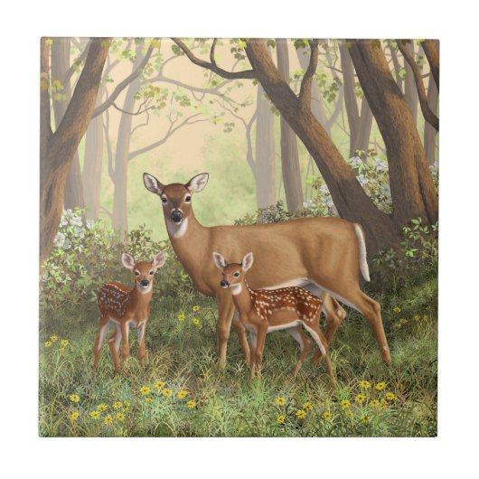 Whitetail Deer en Cute Twin Fawns in Spring Tegeltje (Voorkant)