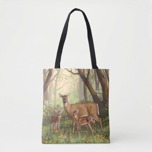 Whitetail Deer en Cute Twin Fawns in Spring Tote Bag (Voorkant)