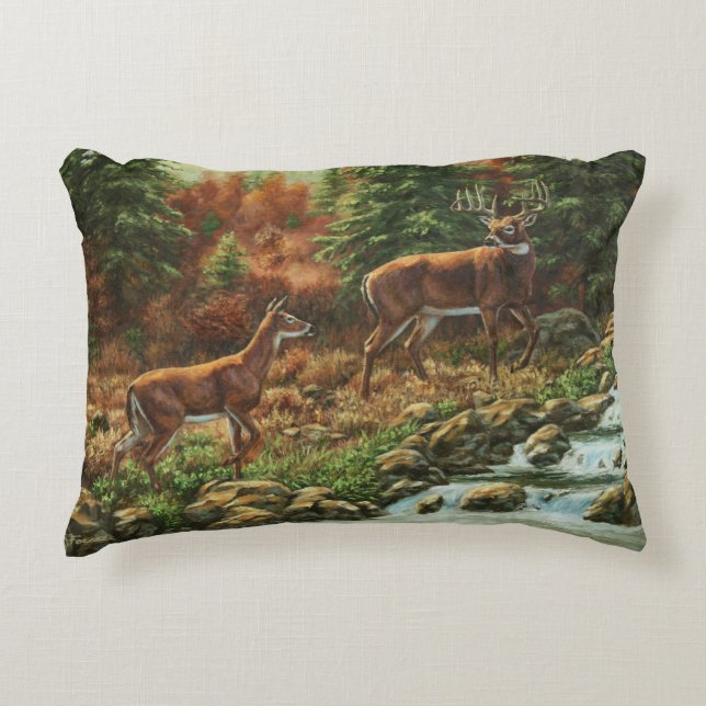 Whitetail Deer en Waterfall Accent Kussen (Voorkant)