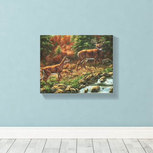 Whitetail Deer en Waterfall Canvas Afdruk (Insitu (Houten vloer))