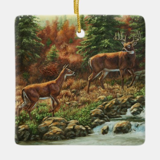 Whitetail Deer en Waterfall Keramisch Ornament (Voorkant)
