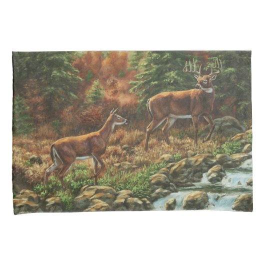 Whitetail Deer en Waterfall Kussensloop (Voorkant-Rechts)