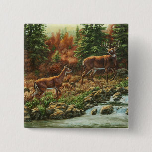 Whitetail Deer en Waterfall Vierkante Button 5,1 Cm