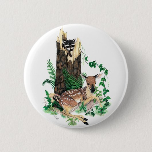Whitetail Deer Fawn en Raccoon Button (Voorkant)