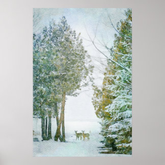 Whitetail Deer in Winter Snow Wildlife Waterverf Poster