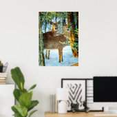Whitetail Deer in Winter Snow Wildlife Waterverf Poster (Thuiskantoor)