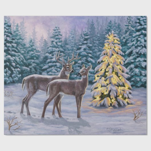 Whitetail Deer & Kerstboom Winter Scene Cadeaupapier (Vlak)