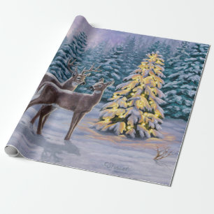 Whitetail Deer & Kerstboom Winter Scene Cadeaupapier