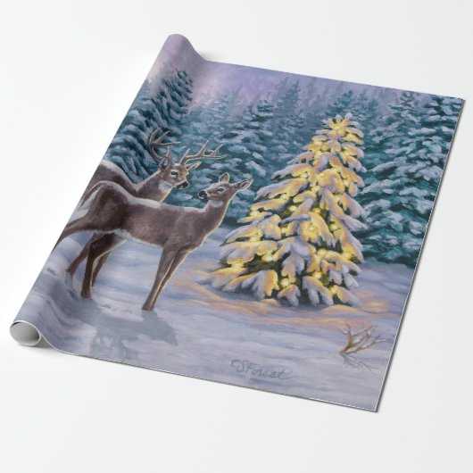 Whitetail Deer & Kerstboom Winter Scene Cadeaupapier (Uitgerold)
