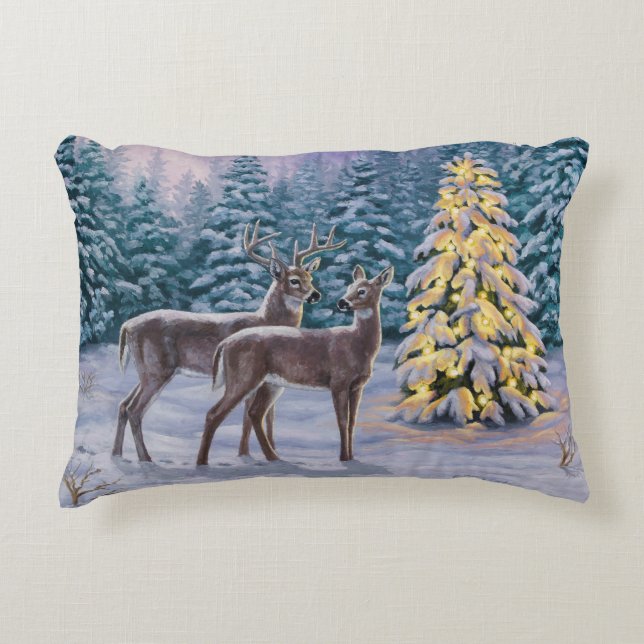 Whitetail Deer & Kerstboom Winter Scene Decoratief Kussen (Voorkant)