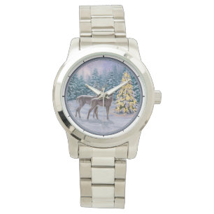 Whitetail Deer & Kerstboom Winter Scene Horloge