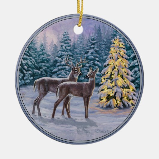 Whitetail Deer & Kerstboom Winter Scene Keramisch Ornament (Voorkant)