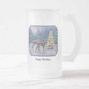 Whitetail Deer & Kerstboom Winter Scene Matglas Bierpul