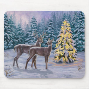Whitetail Deer & Kerstboom Winter Scene Muismat