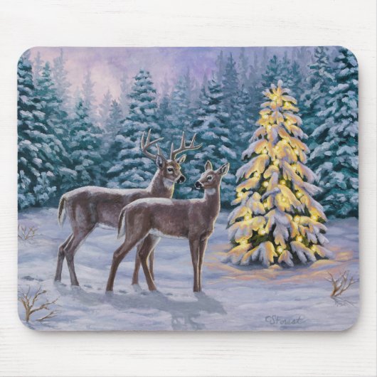 Whitetail Deer & Kerstboom Winter Scene Muismat (Voorkant)