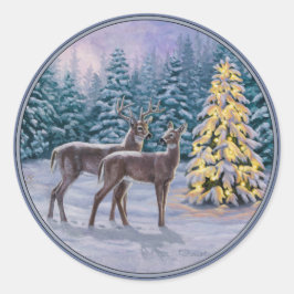 Whitetail Deer & Kerstboom Winter Scene Ronde Sticker