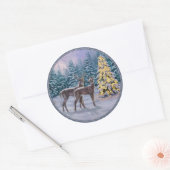 Whitetail Deer & Kerstboom Winter Scene Ronde Sticker (Envelop)