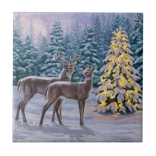 Whitetail Deer & Kerstboom Winter Scene Tegeltje (Voorkant)